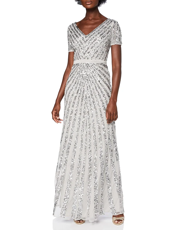 Maya Deluxe Women's Maxi Ladies Embellished Sequin Dress Long Short Sleeve V Neck High Empire Waist A Cut Shiny Prom Wedding Bridesmaid, Soft Grey, 18