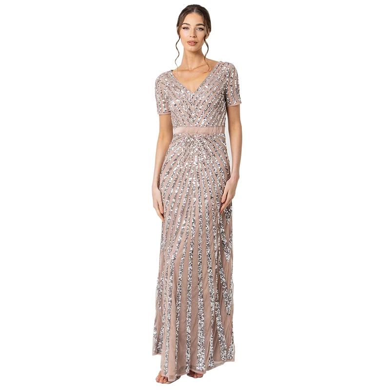 Maya Deluxe Women's Maxi Ladies Embellished Sequin Dress Long Short Sleeve V Neck High Empire Waist A Cut Shiny Prom Wedding Bridesmaid, Taupe Blush, 20