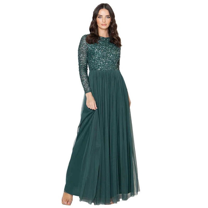 Maya Deluxe Women's Maya Deluxe Women's Maya Embellished Long Sleeve Maxi Bridesmaid Dress, Emerald, 18 UK