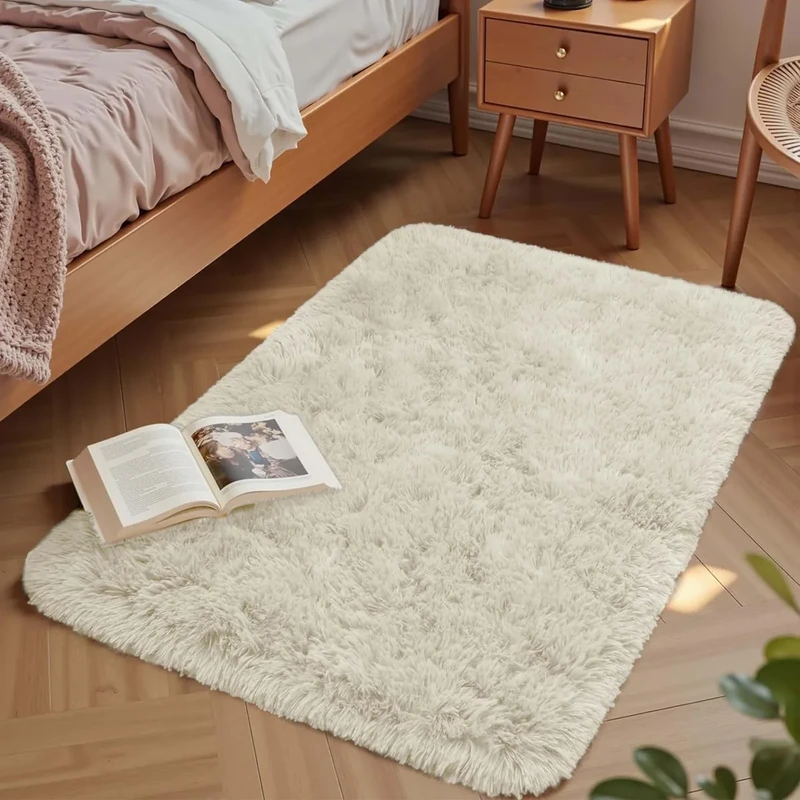Aspire Homeware Small Fluffy Bedroom Rug – Cream Area Rugs 50x80cm for Living Room Plush Carpet Modern Soft Shaggy Pile Faux Fur Rug for Home