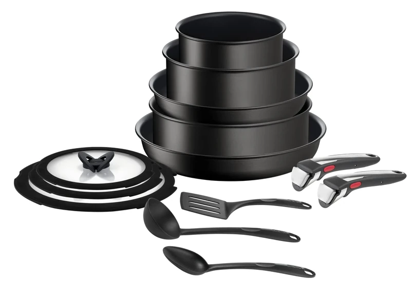 Tefal Ingenio Unlimited On – Two Non-Stick Frying Pans 24.5 cm, Two Saucepans 16.2 cm, Pea Pan 24 cm, Accessories, Interchangeable Handle, Titanium Coating, Thermo-Signal, Dishwasher Safe, Black