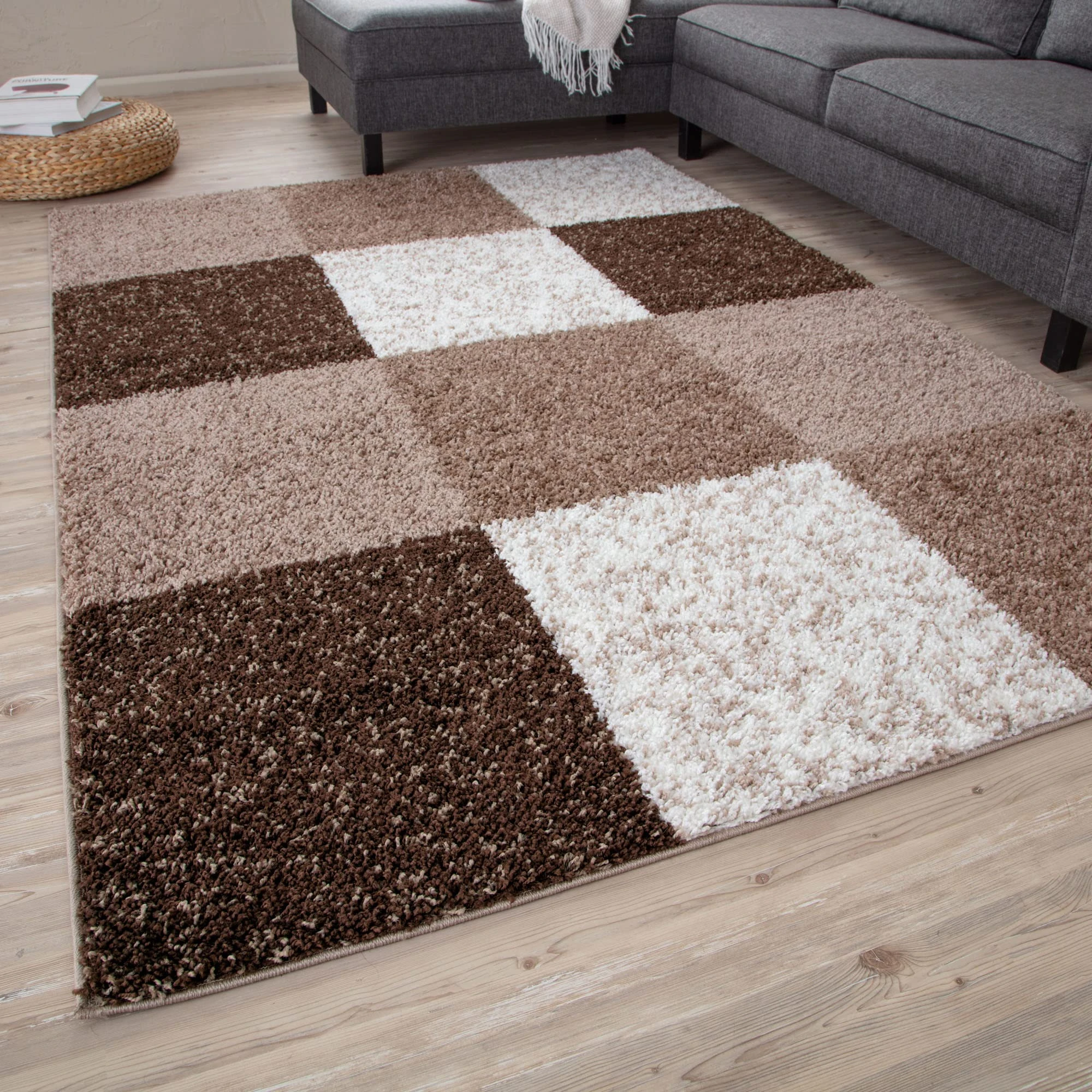 THE RUGS Area Rug – Modern Luxury Shaggy Rug, Multicolour Pattern Carpet, Ultra Soft for Bedroom, Living Room, Kids Room, (200x290 cm, Brown)
