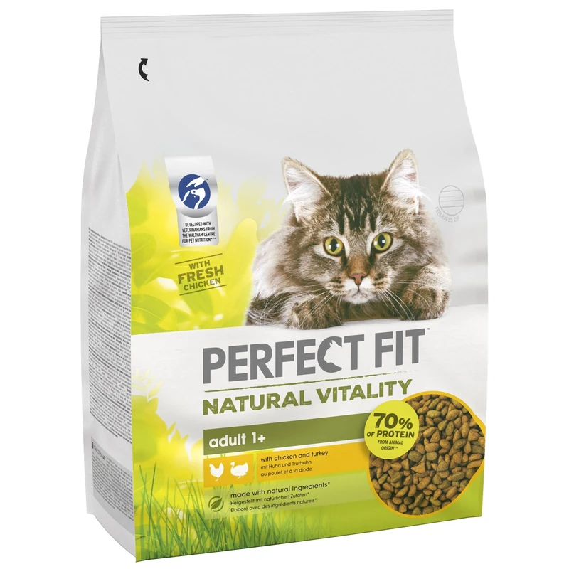 Perfect Fit Natural Vitality Dry Cat Food Adult 1+ - Complete Dry Food for Adult Cats from 1 Year Old, Rich in Chicken and Turkey – 2, 4 kg (Pack of 3)