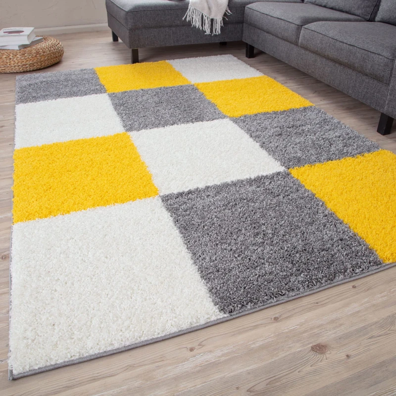 THE RUGS Area Rug – Modern Luxury Shaggy Rug, Multicolour Pattern Carpet, Ultra Soft for Bedroom, Living Room, Kids Room, (140x200 cm, Yellow)