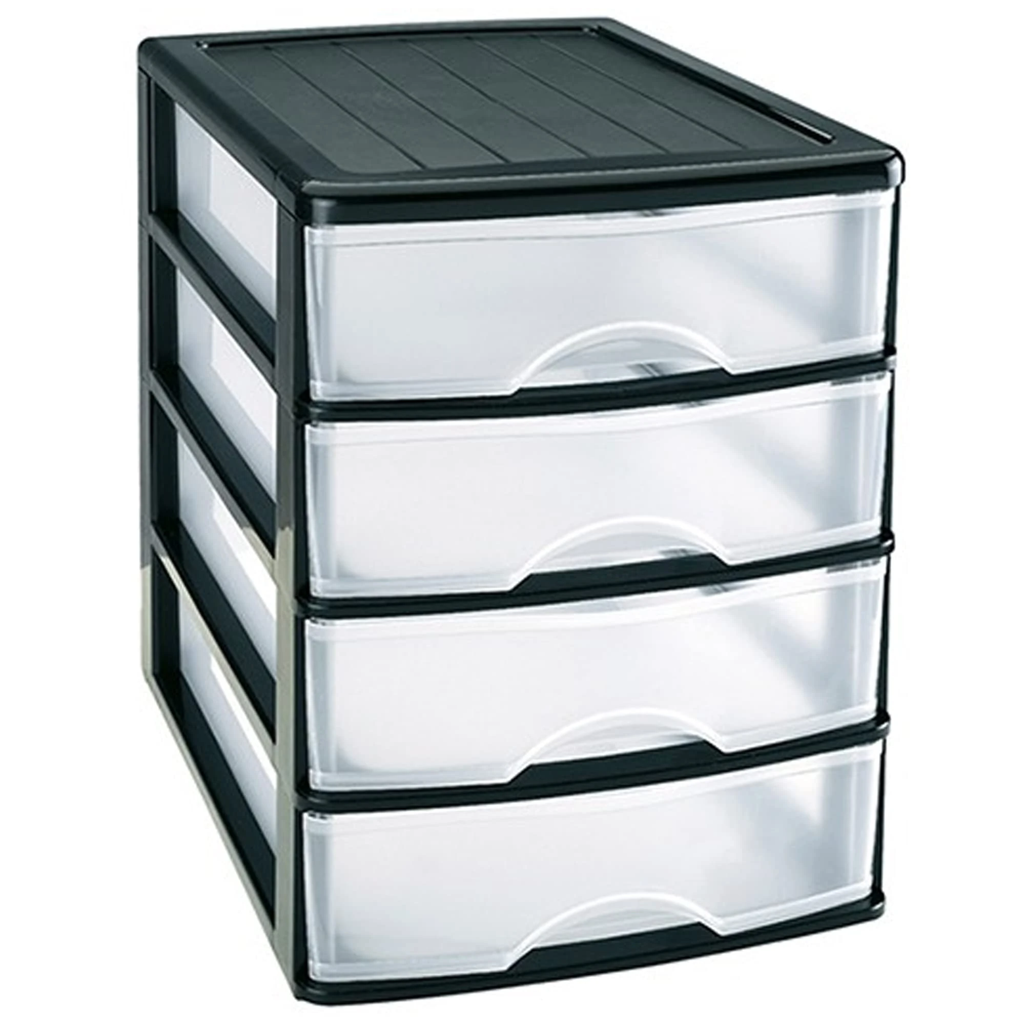 Plastic Desktop Storage Unit with Drawers, Stationary Arts Drawer Desktop Tabletop Organiser Storage Tower Unit for Office Bedroom Garage ((35.5 x 27 x 35cm, Black with 4 Clear Drawers))