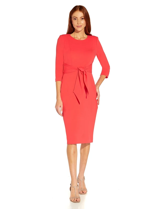 Adrianna Papell Women's Bow Sheath Dress with Three Quarter Sleeves, Vibrant Coral, 10