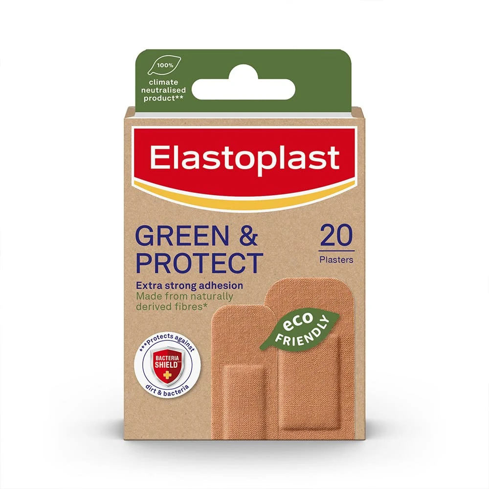 Elastoplast Green & Protect Sustainable Everyday Plasters (20 Strips), Painless Removal, Soft and Breathable Natural Fabric, Water-Repellent, Eco-Friendly, Tan