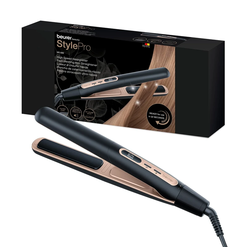 Beurer HS100 Hair Straightener with Quick Heat-up in 12 Seconds, Straightener with Ceramic Coating, ion Function for Shiny Hair, Rounded Edges for Curly Styles
