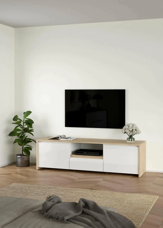 Dmora Catherine Cabinet for Living Room, Low Cabinet for TV, Wall Base Equiped, 179 x 48 x H 52 cm, Oak and White