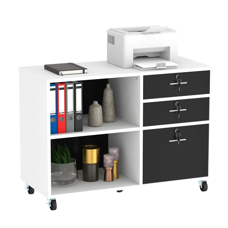 YITAHOME Mobile Filing Cabinet with 3 Lockable Drawers, Wood Lateral File Cabinet for Home Office, Storage Cabinet for Letter Size Documents, Printer Stand Table with Open Compartments, White + Black