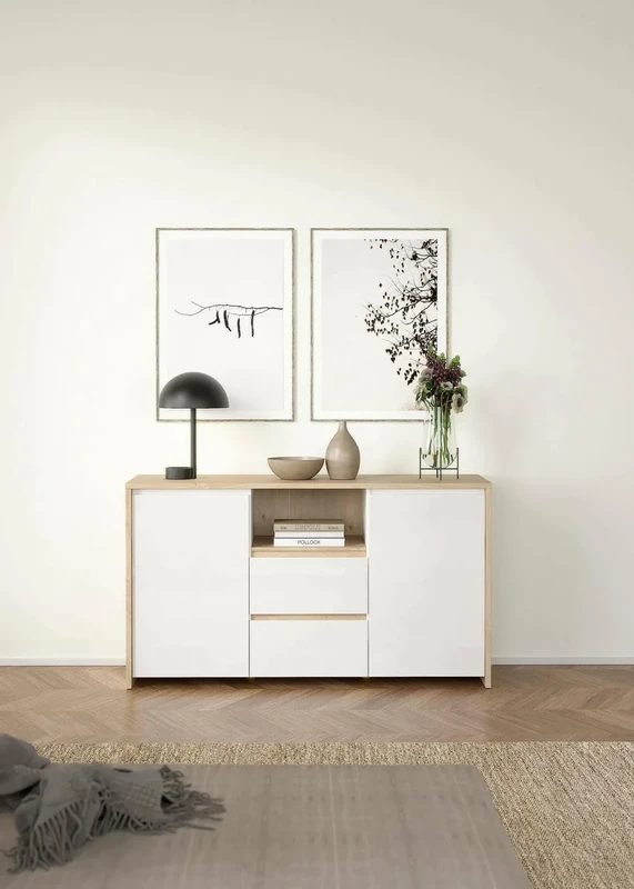 Dmora - Audrey Sideboard, Living Room Buffet, Living Room Sideboard, Kitchen Pantry, 149 x 48 H 84 cm, Oak and White Gloss