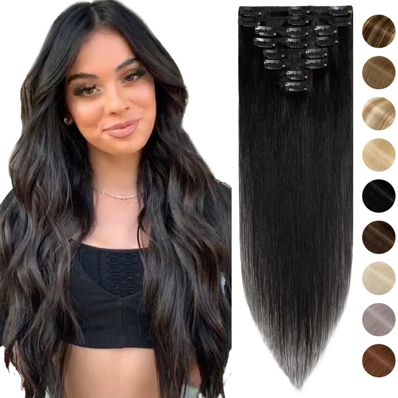 Silk-co Hair Extensions Clip in Hair Extensions 22inch #01 Jet Black 100% Real Remy Straight Human Hair Clip on -Basic Thickness-Thin Weft (75g)