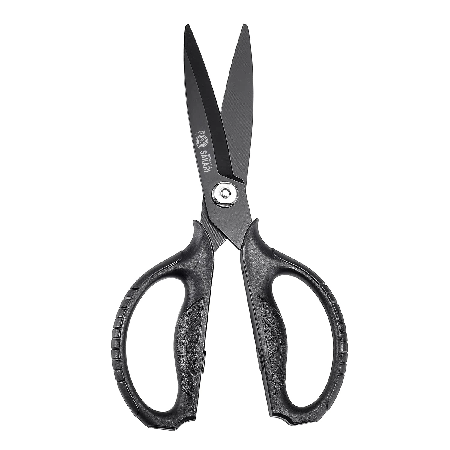 MITSUMOTO SAKARI Japanese Kitchen Scissors All Purpose, Black Titanium Plated Heavy Duty Kitchen Shears, Multipurpose Cooking and Herb Scissor, Micro Serrated