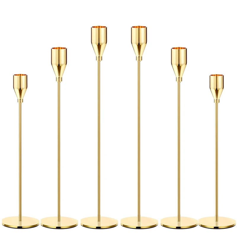 6Pcs Lemon Gold Candle Holders,Set of 6 Tall Taper Gold Candlestick fit 3/4" Thick Pillar Candle Led Modern Metal Candles, Elegant Stands Decorative Table Centerpieces for Dinning Party Decorative