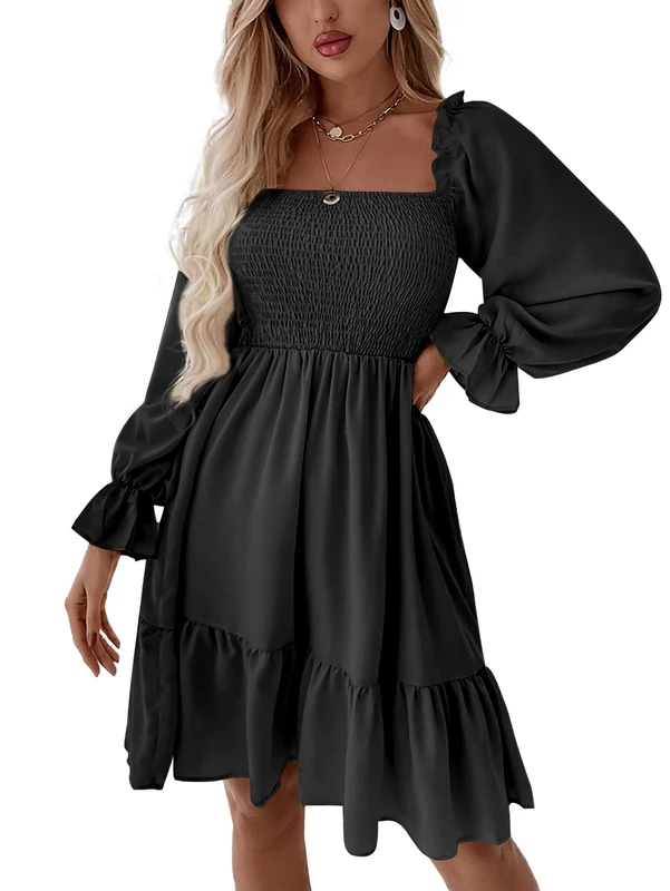 LYANER Women's Square Neck Lantern Long Sleeve Ruffle Shirred Flowy Party Mini Dress, Solid Black, S