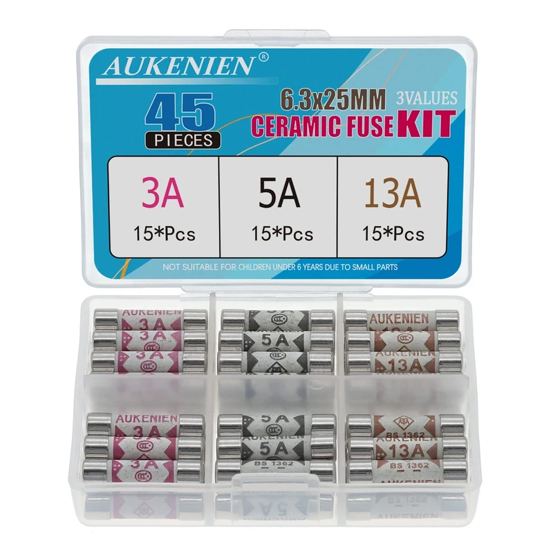 AUKENIEN Fuses Mixed Household UK 3 Values 45pcs 3A 5A 13A Fuse 3 5 13 Amp 6.3 x 25MM 0.248x0.984 Inch 240V 240 Volt BS1362 Ceramic Fuses Assortment Kit for Mains Plug