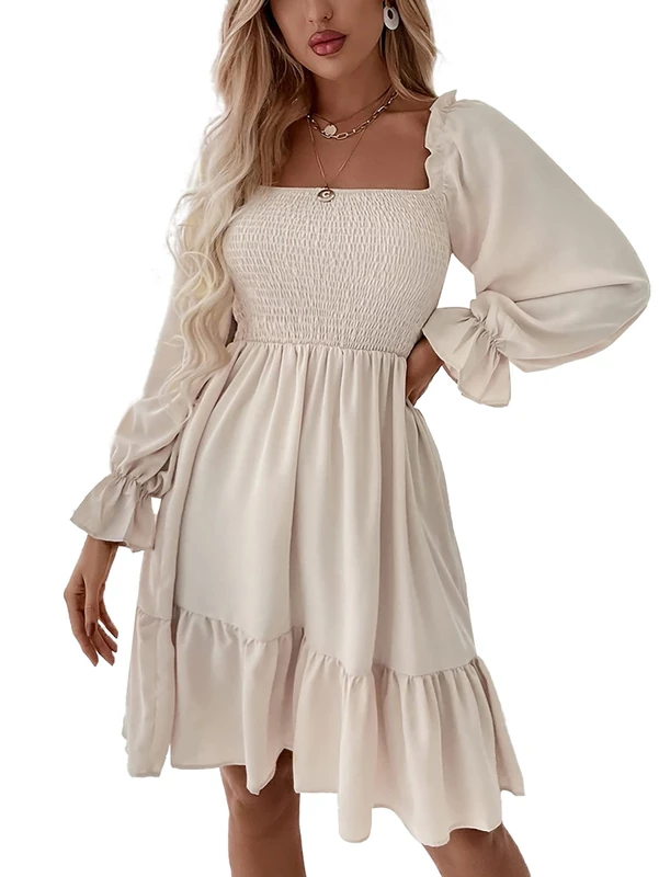 LYANER Women's Square Neck Lantern Long Sleeve Ruffle Shirred Flowy Party Mini Dress, Solid Beige, L - Image 1