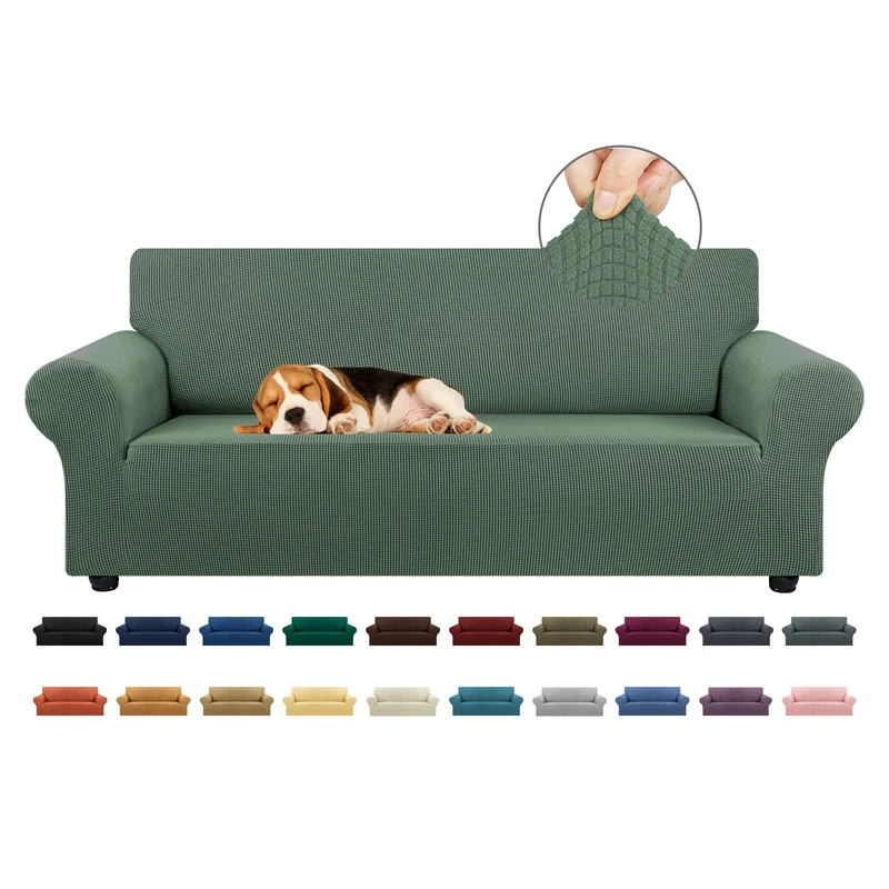 KEKUOU Stretch Sofa Cover Slipcover ，Couch Covers for 3 Cushion Couch Sofa (79"-94") Furniture Protector 3 Seater Sofa with Elastic Bottom for Kids,Dog, Jacquard Small Checked(Large,Greyish Green)