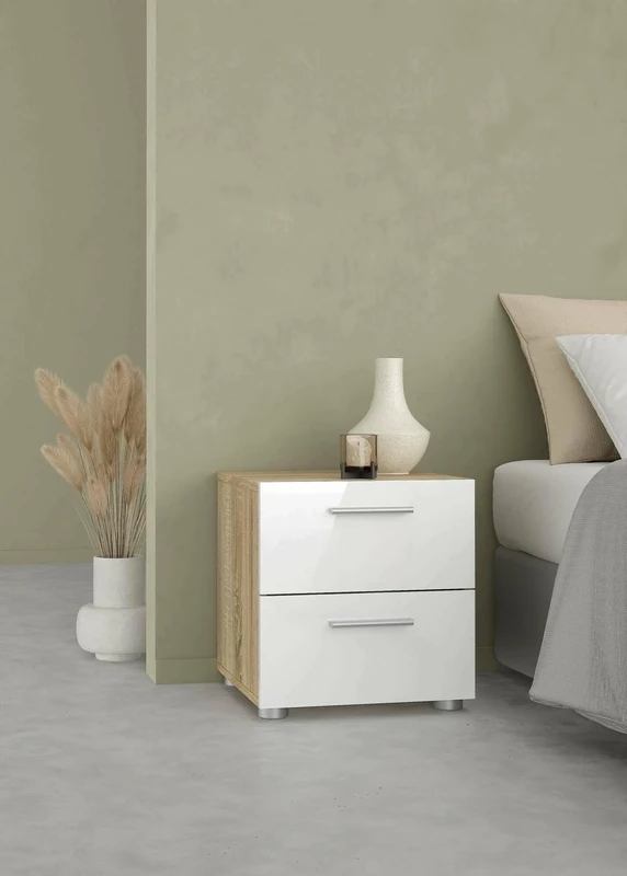 Dmora Amber Bedside, Low Chest, Night Table, Bed Shelf, 40 x 40 x 42 cm, Oak and White