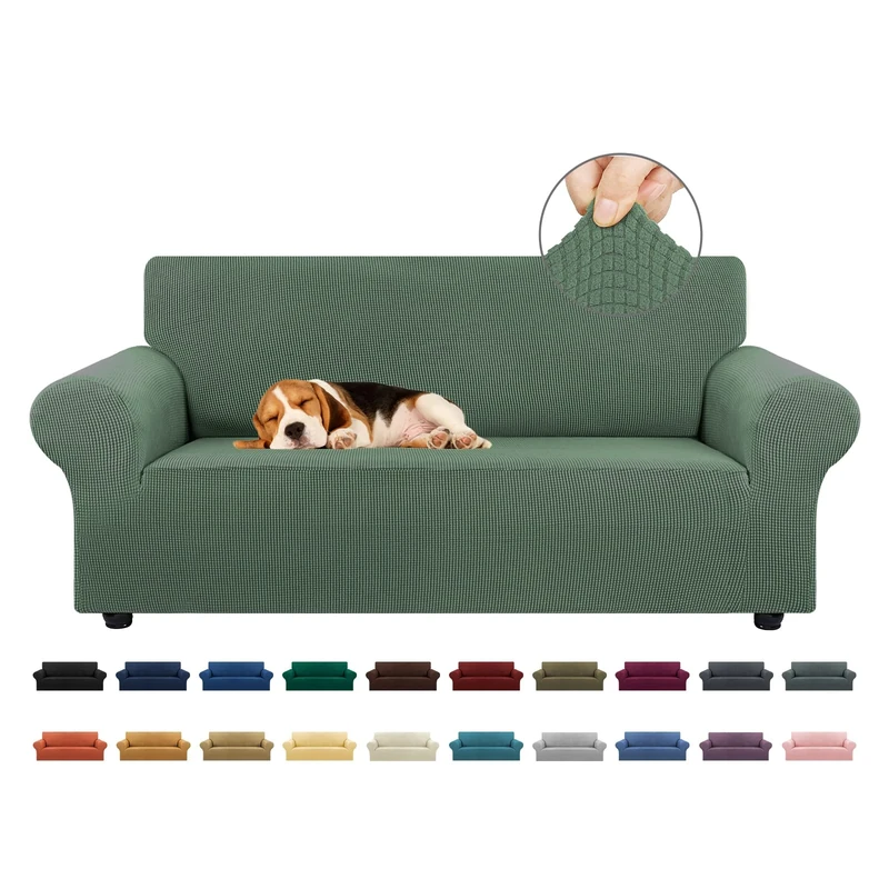 KEKUOU Stretch Loveseat Sofa Cover Slipcover,Couch Covers for 2 Cushion Couch Sofa (55"-79") Furniture Protector Sofa with Elastic Bottom for Kid,Dog. Jacquard Small Checked (Medium,Greyish Green)