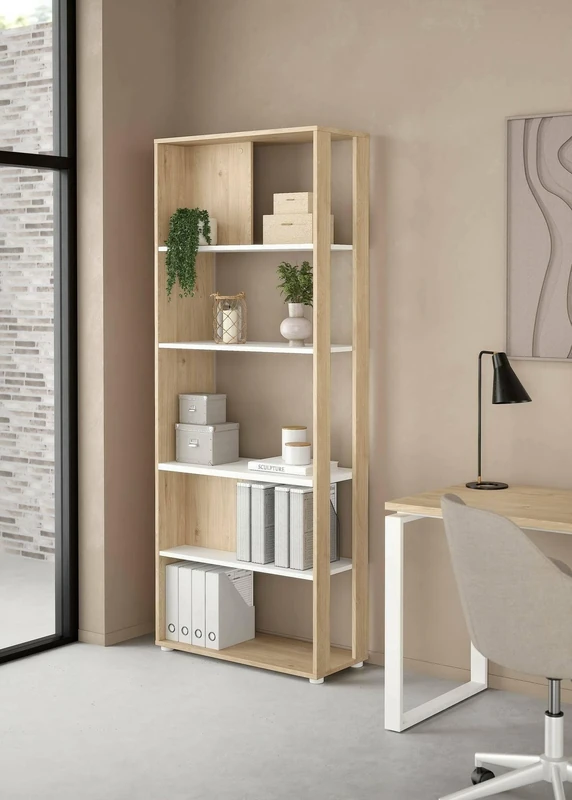 Dmora Colette Bookcase, Office Shelf, Bookcase, Library, 80 x 34 x H 205 cm, Oak and White