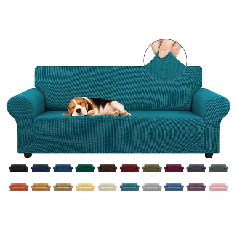 KEKUOU Stretch Sofa Cover Slipcover ，Couch Covers for 3 Cushion Couch Sofa (79"-94") Furniture Protector 3 Seater Sofa with Elastic Bottom for Kids,Dog, Jacquard Small Checked(Large,Peacock Blue)