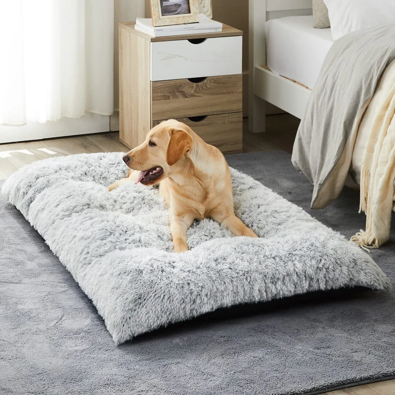 BFPETHOME Dog Bed for Large Dogs, Plush Kennel Pad for Sleeping &Ease Anxiety, Washable Mats with Anti-Slip Bottom - 48 x 28 inch, Grey
