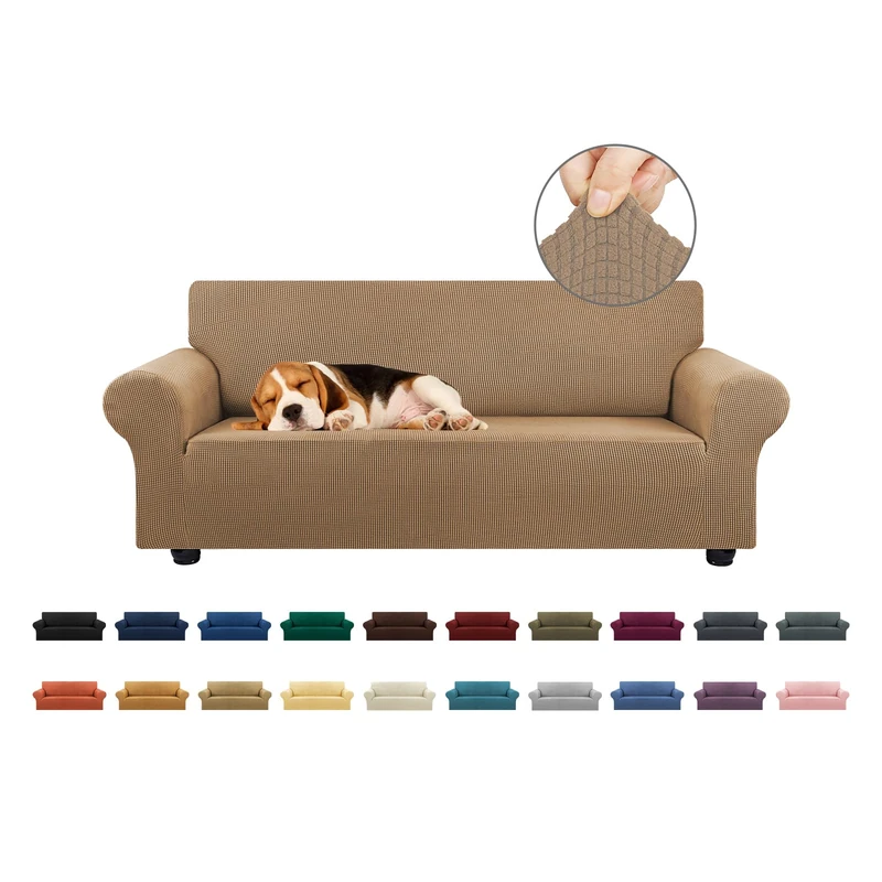 KEKUOU Stretch Loveseat Sofa Cover Slipcover,Couch Covers for 2 Cushion Couch Sofa (55"-79") Furniture Protector Sofa with Elastic Bottom for Kids,Dog. Jacquard Small Checked(Medium,Camel)