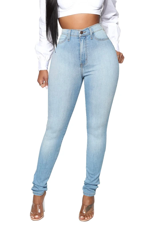 KUNMI Womens Classic High Waisted Skinny Stretch Butt Lifting Jeans Slim Fit Denim Pants, Light Blue, S