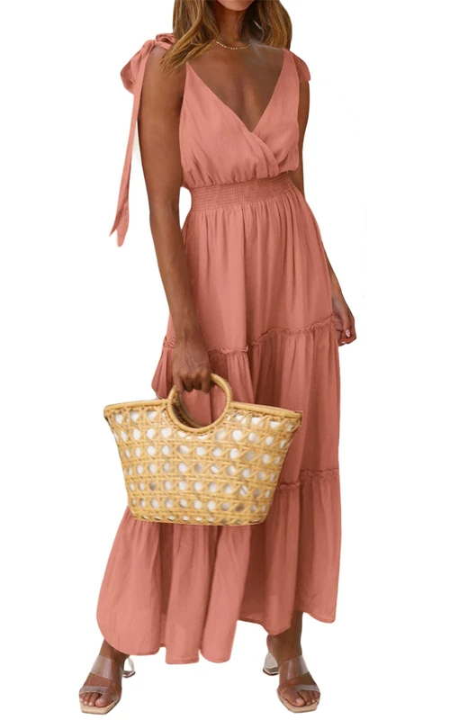 PRETTYGARDEN Women's Cross Neck Summer Sleeveless Tiered Maxi Dress Beach Tie Strap Smocked Long Dresses Pleated Sundress, Nude Pink, Small