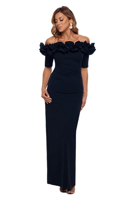 Xscape Womens Navy Ruffled Solid Elbow Sleeve Off Shoulder Full-Length Gown Formal Dress UK Size: 14