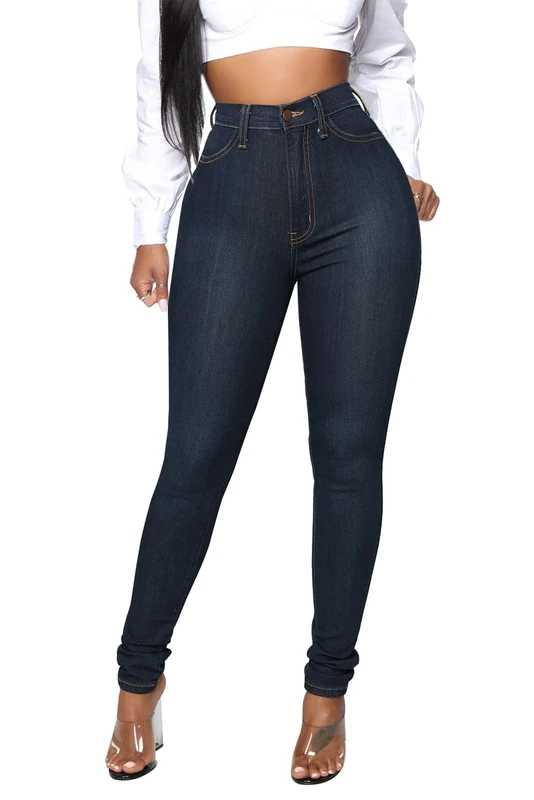 KUNMI Womens Classic High Waisted Skinny Stretch Butt Lifting Jeans Slim Fit Denim Pants, Dark Blue, Large - Image 1