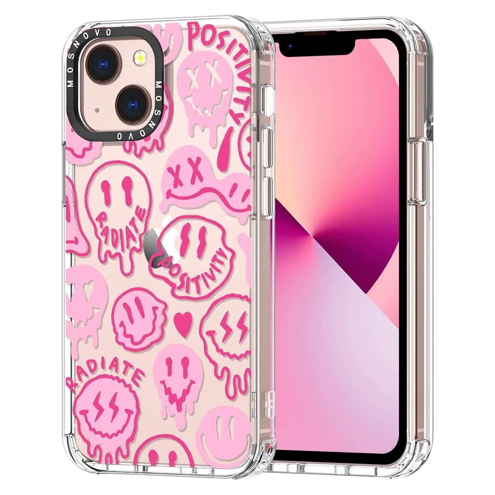 MOSNOVO Case for iPhone 13, [Buffertech 6.6ft Military-Grade Drop Protection] [Anti Peel Off Tech] Clear TPU Bumper Phone Case Cover Design - Pink Dripping Smiles Positivity Radiate Face
