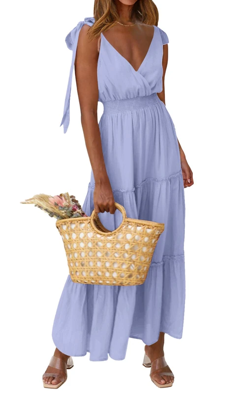 PRETTYGARDEN Women's Cross Neck Summer Sleeveless Tiered Maxi Dress Beach Tie Strap Smocked Long Dresses Pleated Sundress, Blue, Medium
