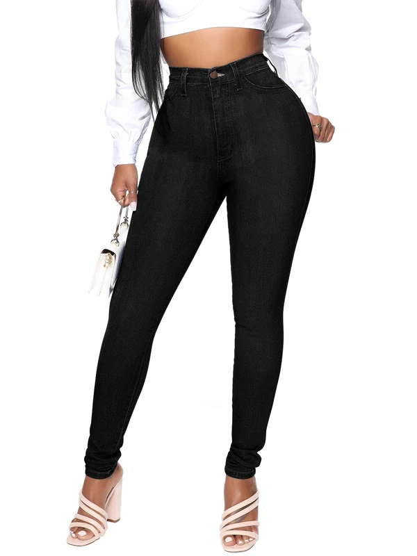 KUNMI Womens Classic High Waisted Skinny Stretch Butt Lifting Jeans Slim Fit Denim Pants, Black, S