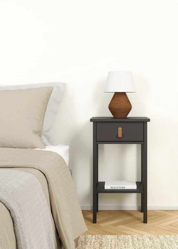 Dmora Maxine Bedside Table with Low Chest of Drawers, Night Table, Bed Shelf, 40 x 34 x H 70 cm, Black