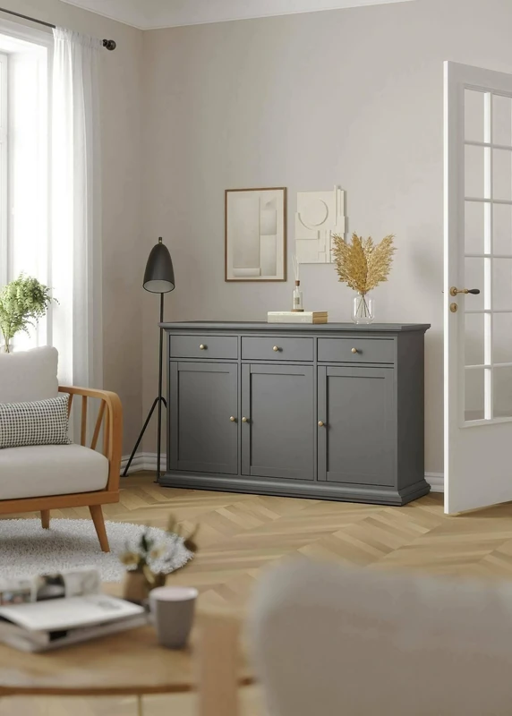 Dmora - Kommode Frederique, Wohnzimmerbuffet, Wohnzimmer-Sideboard, Moderne Küchen-Speisekammer, 144x46 h92 cm, Grau