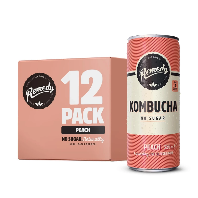 Remedy Kombucha Tea - Peach - Sparkling Live Cultured, Naturally Sugar Free Soft Drink - Prime Probiotic for Gut Health - 12 x 250ml