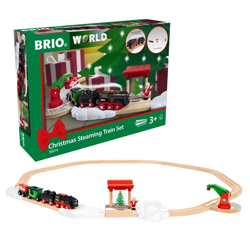 BRIO World 36014 Battery Steam Train Christmas Set - From the Chimney of the Engine Flows Cold Water Steam - Large Rail Layout for a Round Tour Around the Christmas Tree, Recommended from 3 Years