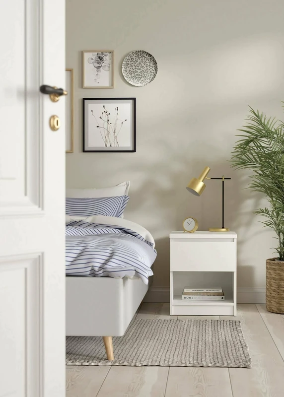 Dmora Bedside Table Annette, Low Dresser, Night Table, Bed Shelf, 40 x 40 x H 50 cm, Matt White