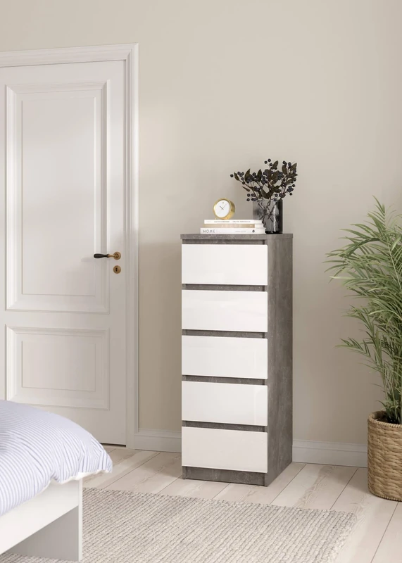 Dmora - Joelle Chest of Drawers, Multi-Purpose Settimino, Bedroom Dresser, Cabinet with Drawers, 50 x 40 x H 111 cm, Concrete and White Gloss