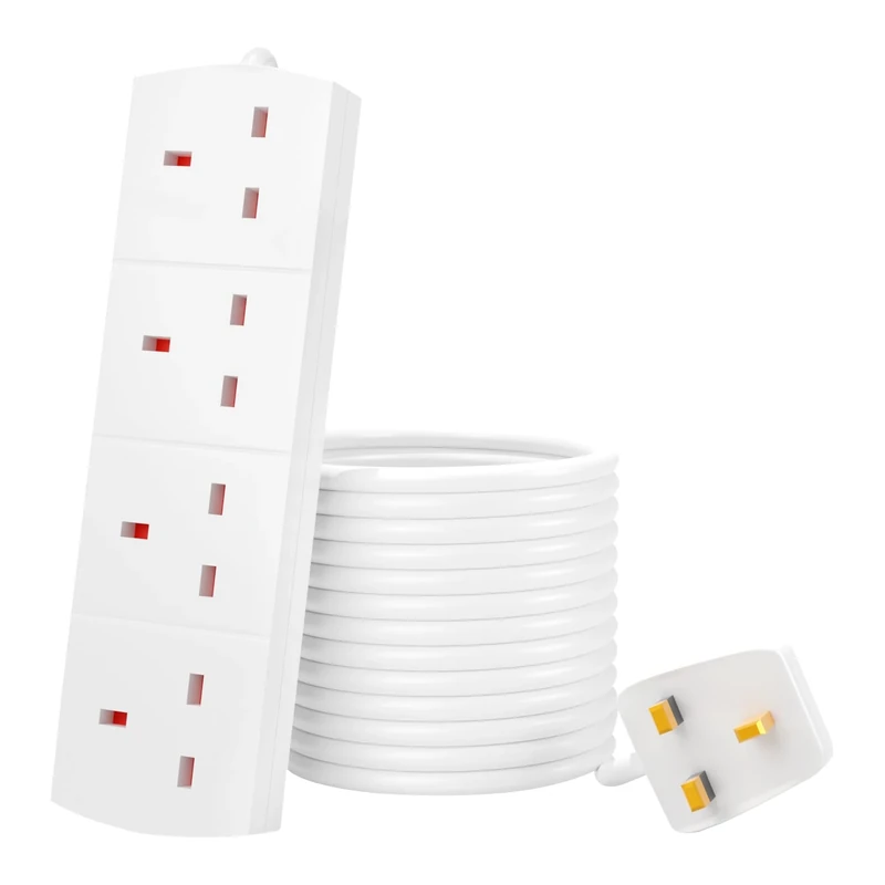 Extension Lead UK Pin Plug and Cable, 4 Gang Way Socket Outlets Power Strips (13 A) Surge Protection Plug with 1m Extension Cord for Multiple Appliances of Home,Office-White