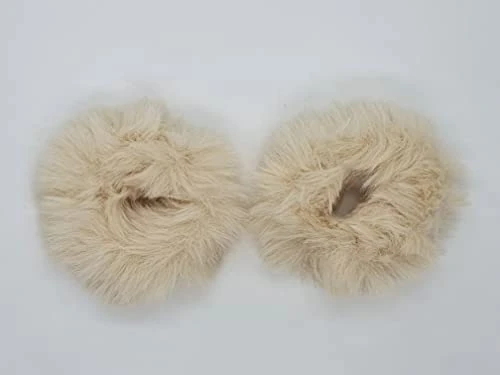 2 PCS Plush Faux Fur Rabbit Hair Ties, Fluffy Scrunchy Hair Scrunchie Bobbles Elastic Hair Bands Holder Ponytail hair band Pompom Scrunchie (Cream)