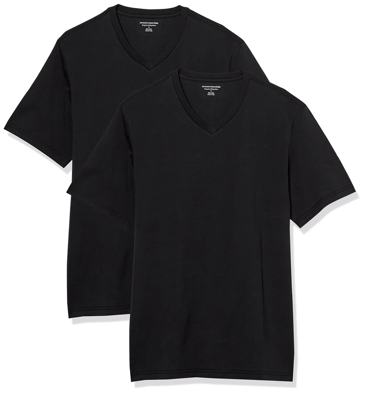 Amazon Essentials Men's T-Shirt Regular-Fit Short-Sleeve V-Neck (Available in Big & Tall), Pack of 2, Black, Large