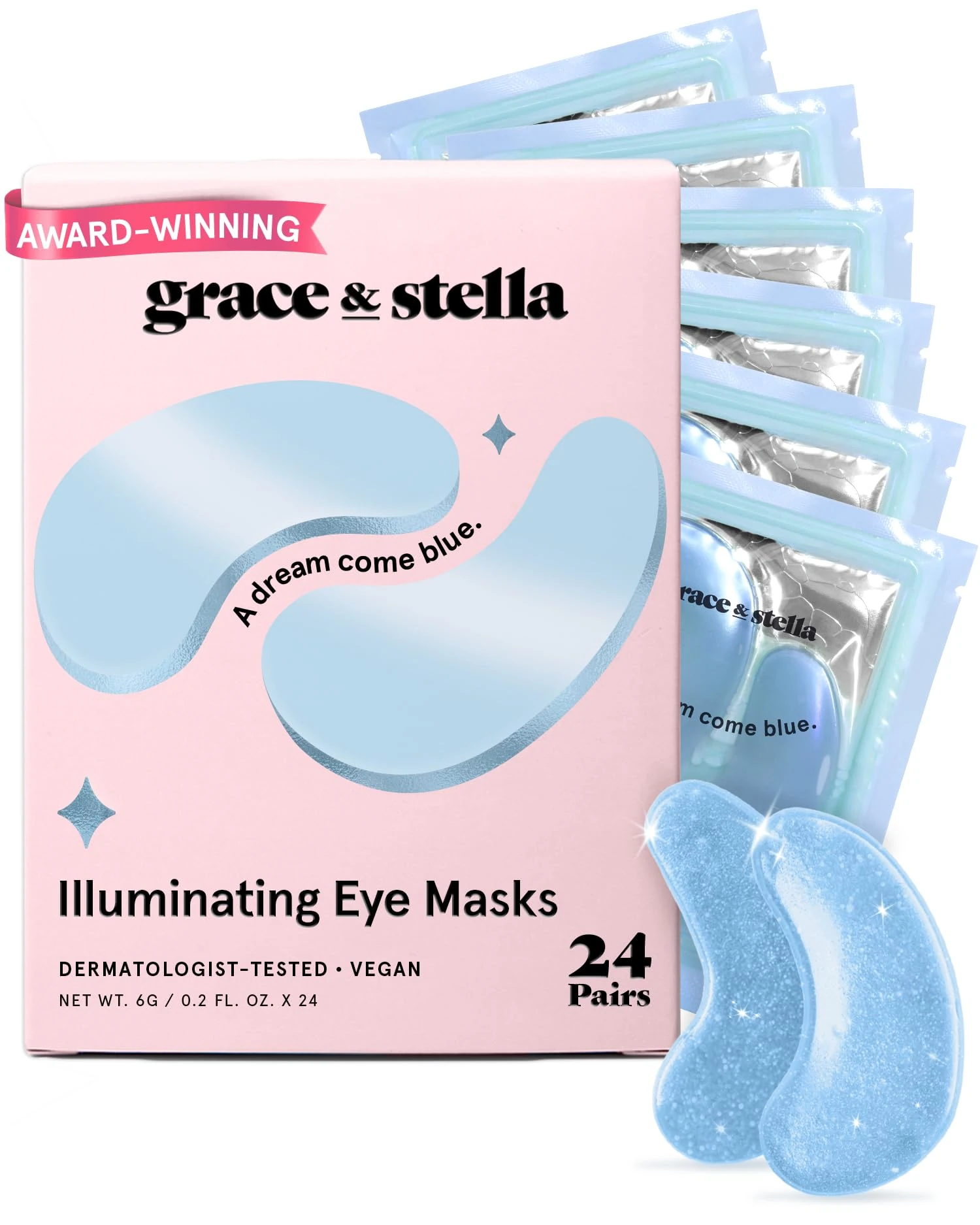 Award Winning Under Eye Mask - Reduce Dark Circles, Puffy Eyes, Undereye Bags, Wrinkles - Gel Under Eye Patches, Vegan Cruelty-Free Self Care by grace and stella (24 Pairs, Blue)