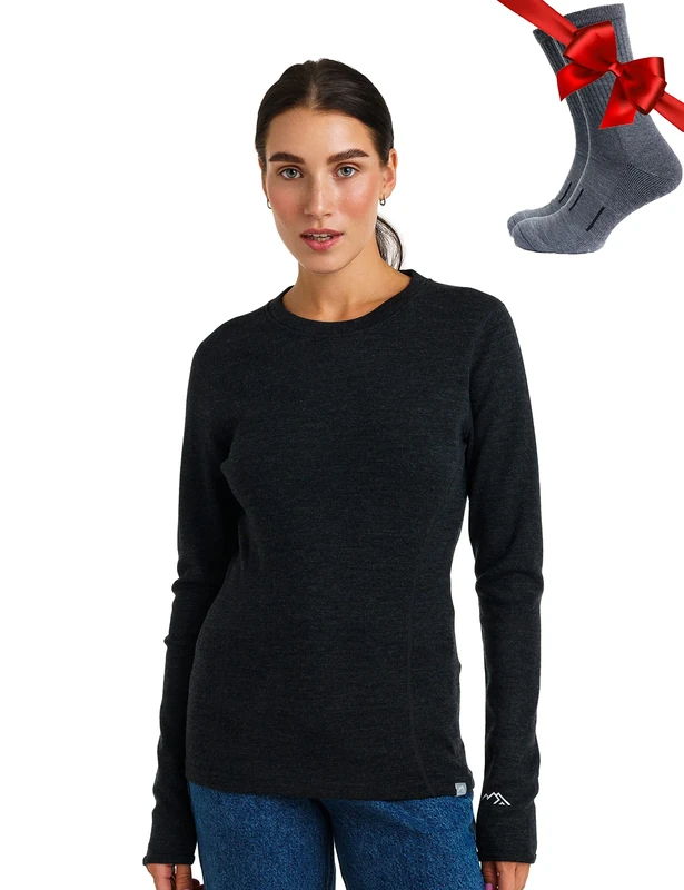 Merino.tech Merino Wool Base Layer Womens — 100% Merino Wool Long Sleeve Thermal Shirts Heavyweight, Midweight, Lite + Wool Socks (X-Small, 320 Charcoal Grey)