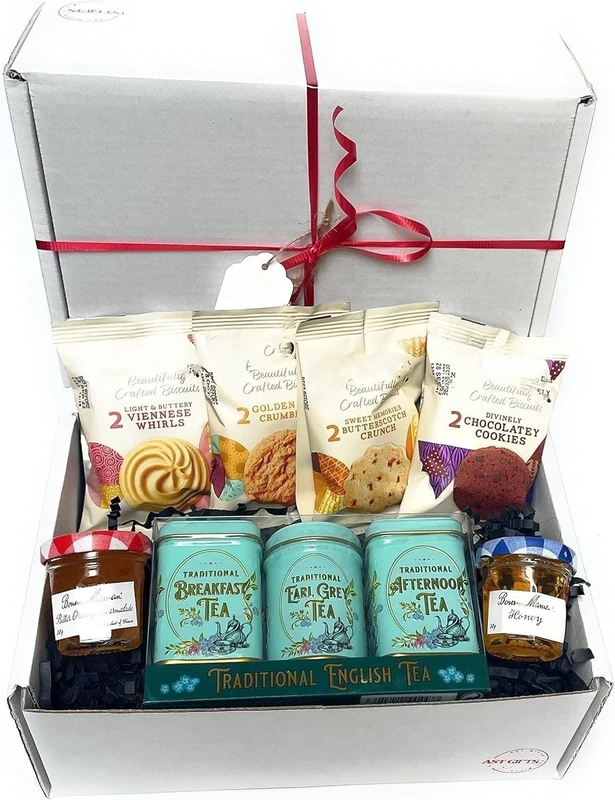 Tea Gift Set Hamper, with Buttery Biscuits, Marmalade and Honey Gift Set, Afternoon Tea Box for Tea Lovers, with Loose Mini English Tins, All Occasions