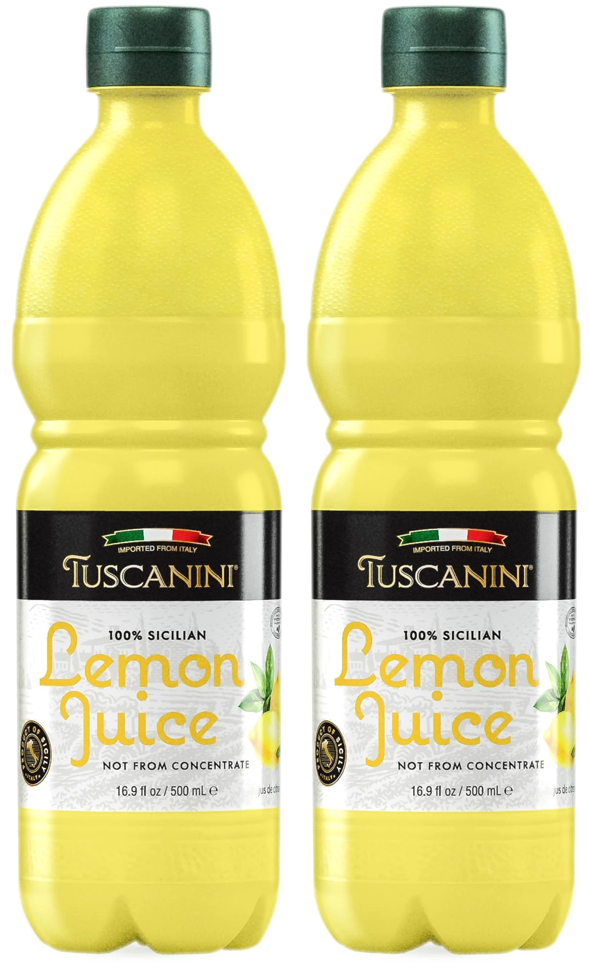 Tuscanini 100% Sicilian Lemon Juice, Not from Concentrate, 500ml (Pack of 2) No Water Added | Convenient Size - Fits Nicely in Refrigerator | Product of Italy | Certified Kosher (Including Passover)