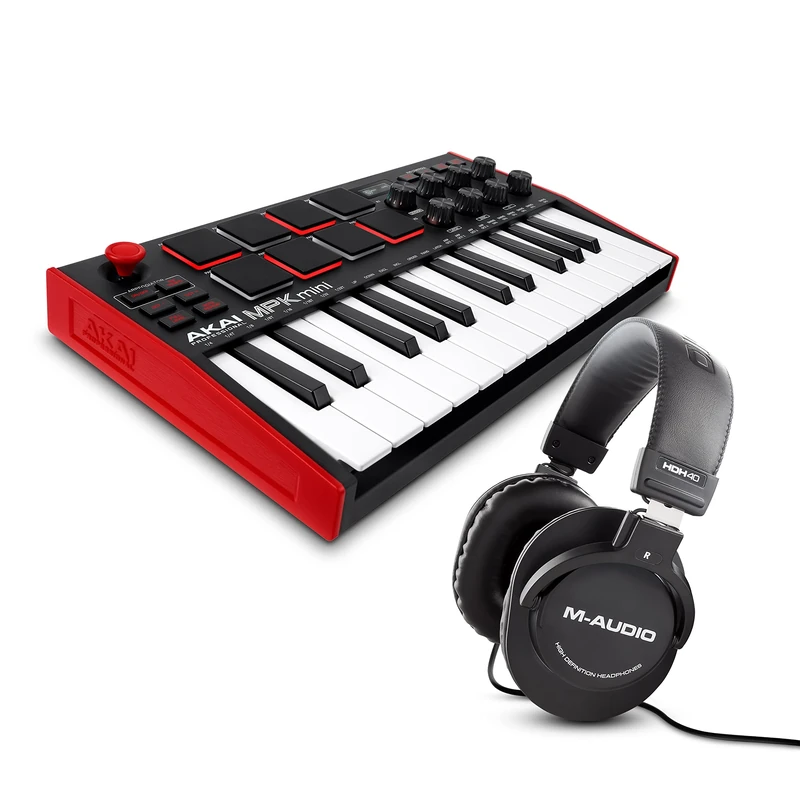 MIDI Controller Bundle - AKAI Professional MPK Mini MK3 MIDI Keyboard with MPC Beats Production Software and M-Audio HDH40 Over Ear Headphones