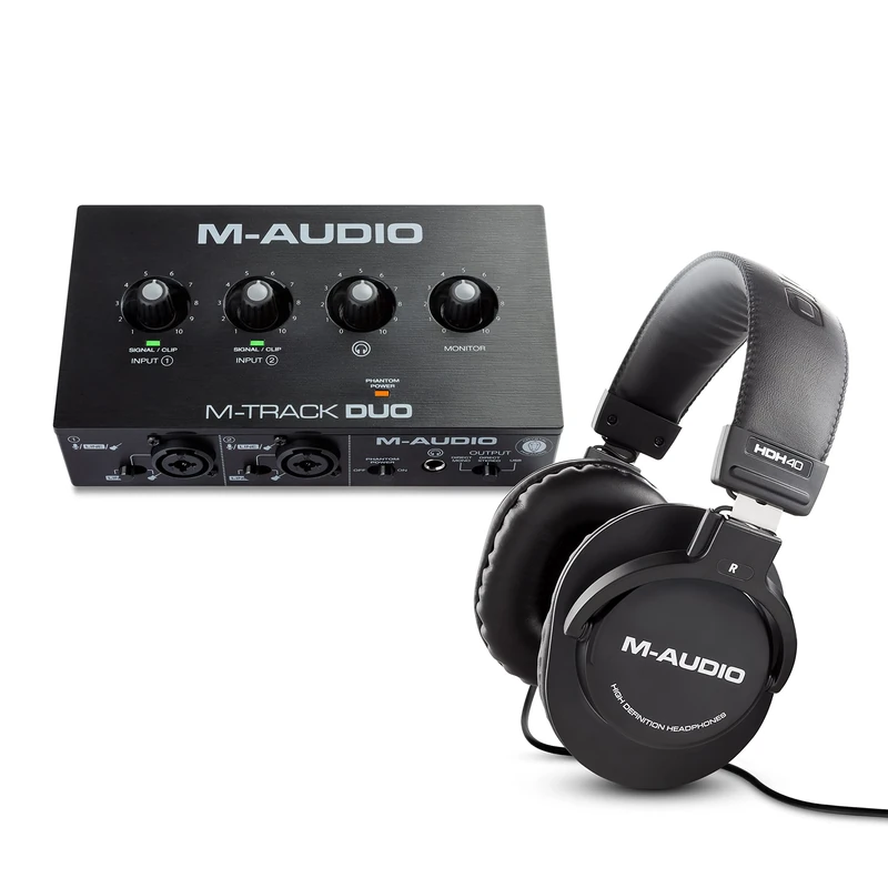 Audio Interface & Headphones - M-Audio M-Track Duo USB Audio Interface for Recording, Streaming and Podcasting & HDH40 Over Ear Studio Headphones